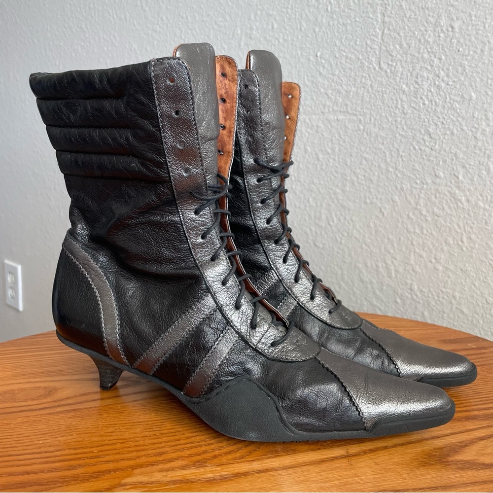 Y2K Black and Metallic Lace-Up Kitten Heel Boxing Boots